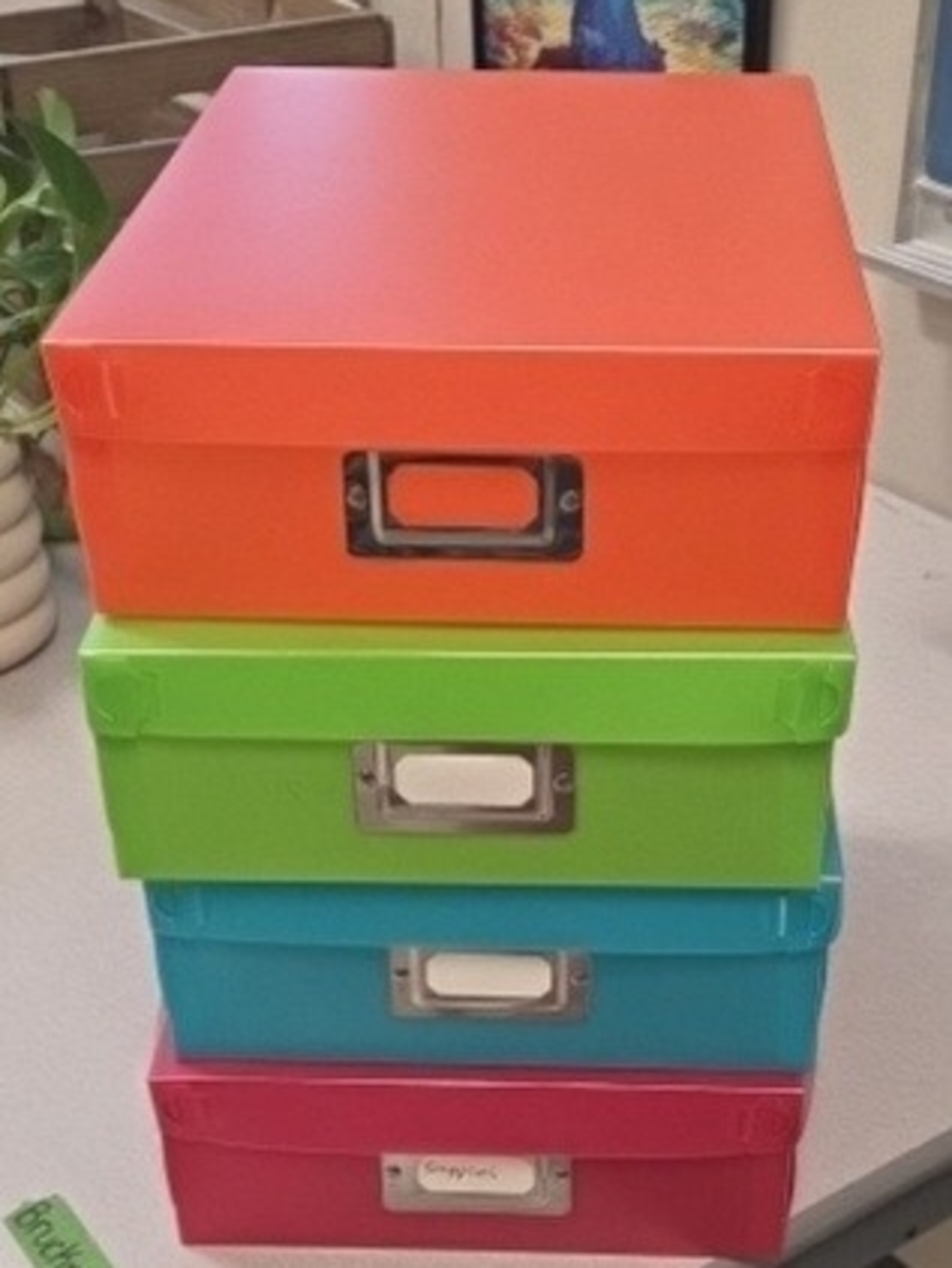 S/4 Colorful Plastic Stackable Storage Boxes - Orange, Lime, Teal, Pink Teacher